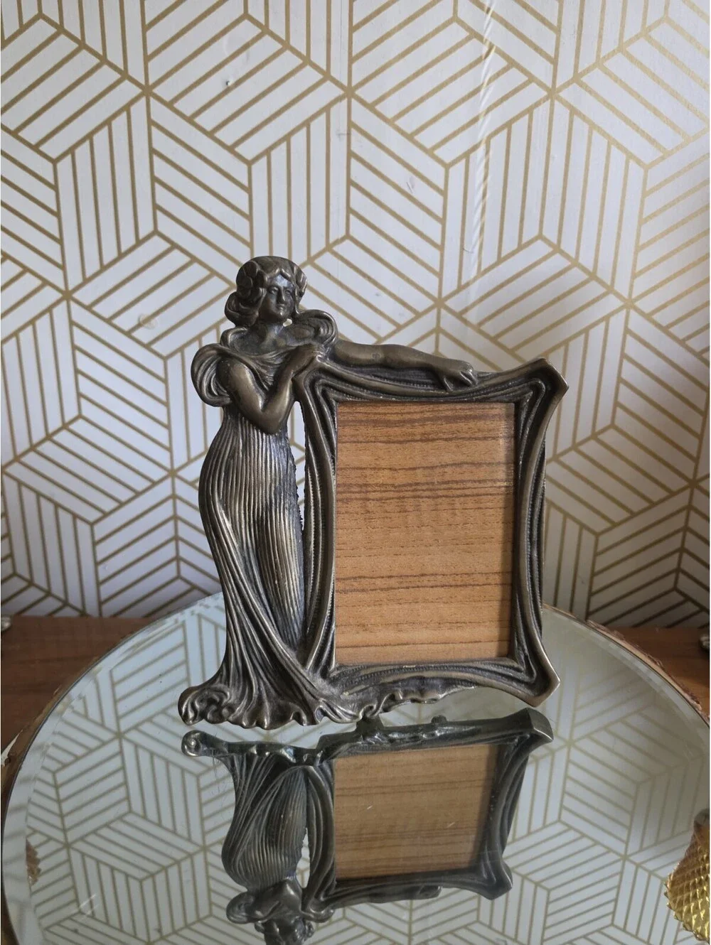 Vintage Brass Art Deco Style Metal Frame with Stand Art Nouveau Hula Tiki Girl